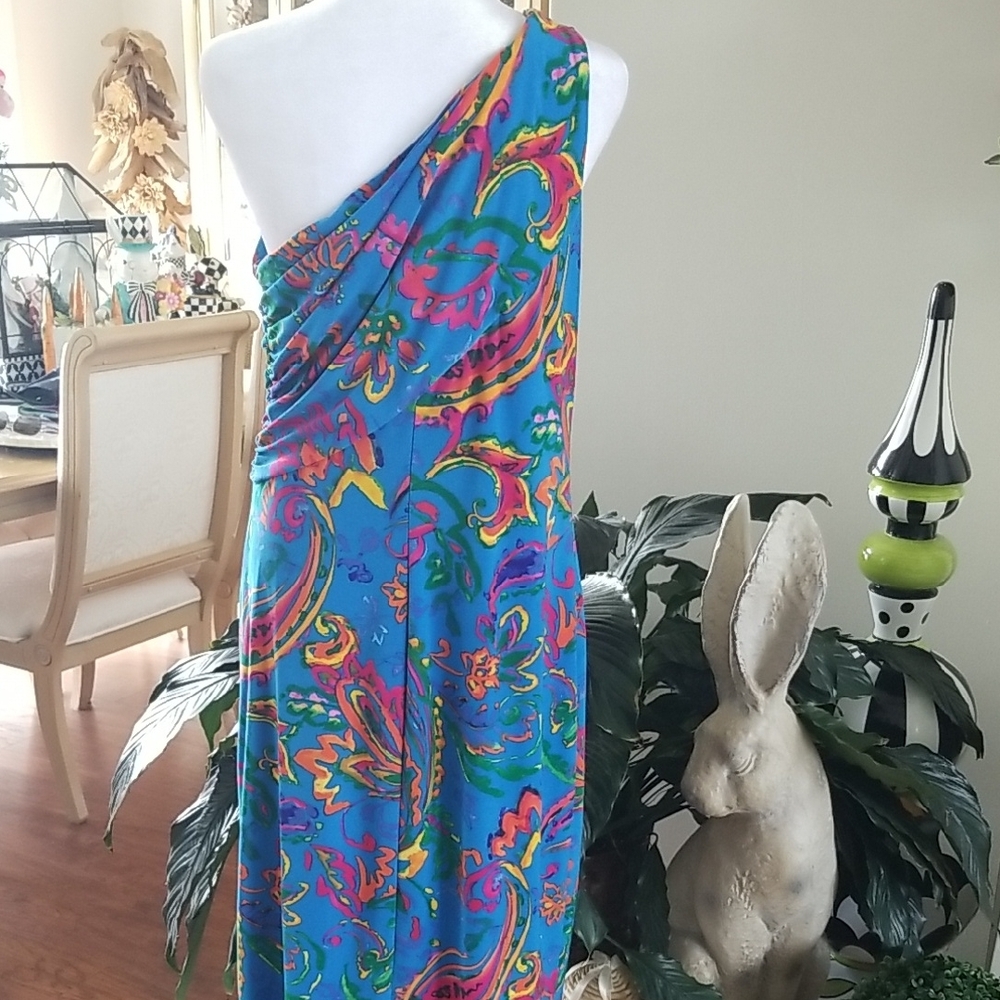 Ralph Lauren One-Shoulder Bright Blue Multicolor Paisley Dress - Picture 4 of 5